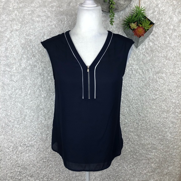 New York & Company Tops - NY & Company Navy Zip V Neck Cap Sleeve Top Size XS